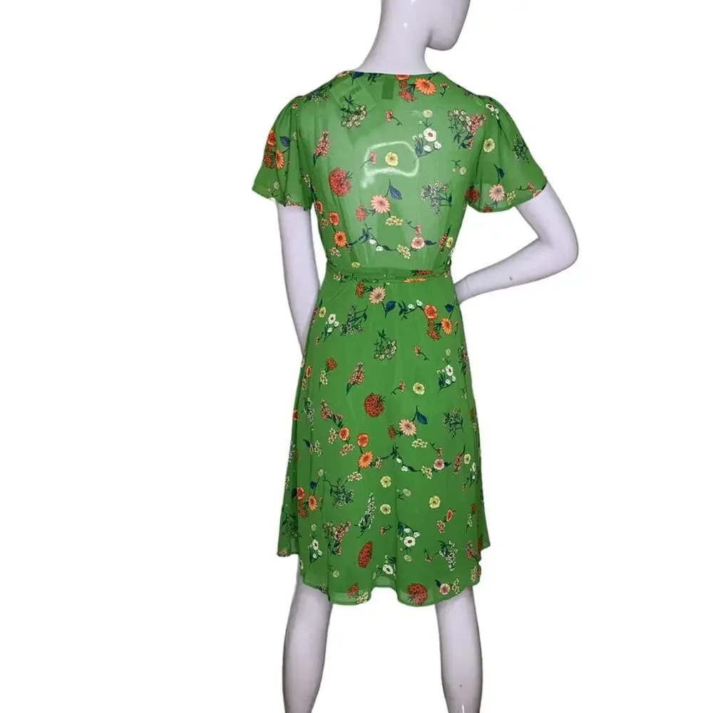 Forever 21 NWT Wrap Dress Floral Print Short Sleeve Green/Coral/Blue Size S